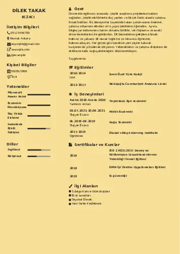 Eczacı CV Örnekleri cv indir